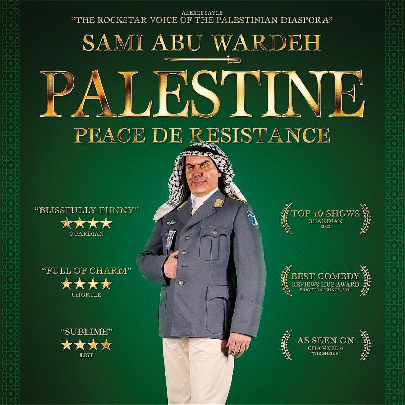 Mid-range shot of a man wearing a keffiyeh on his head and a military uniform in front of a green background. The show title is above his head in gold type.
