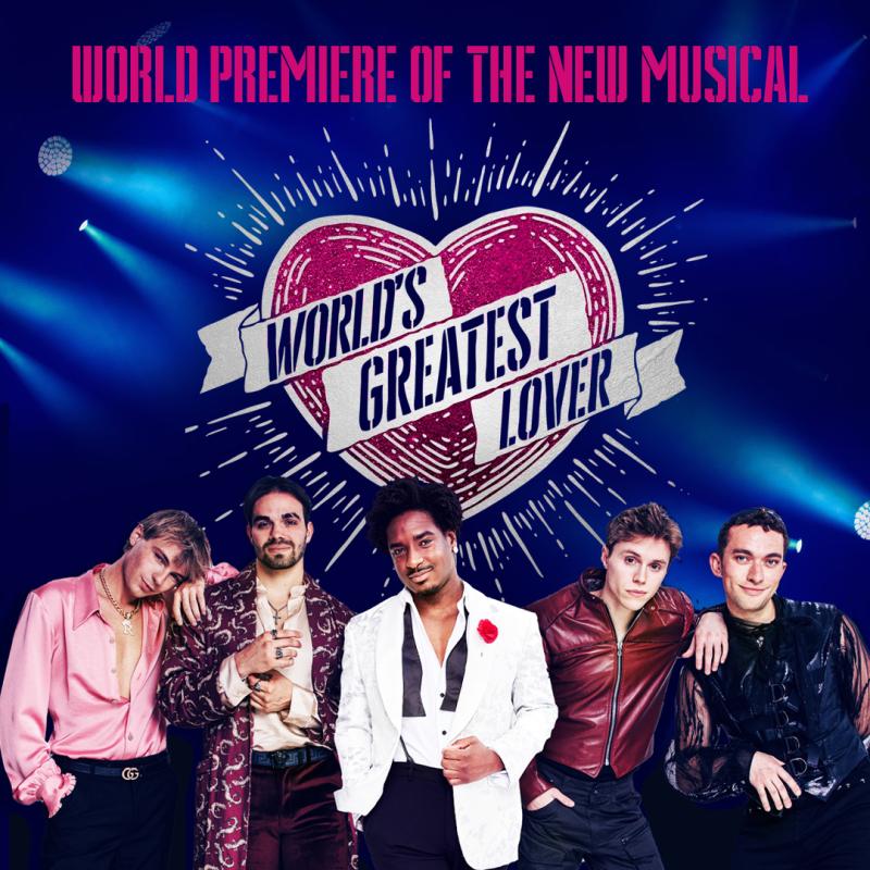 A pink heart with radiating lines features a ribbon across it, displaying the text "WORLD'S GREATEST LOVER" in bold white and black lettering on a blue background. 5 men stand before it with various poses.