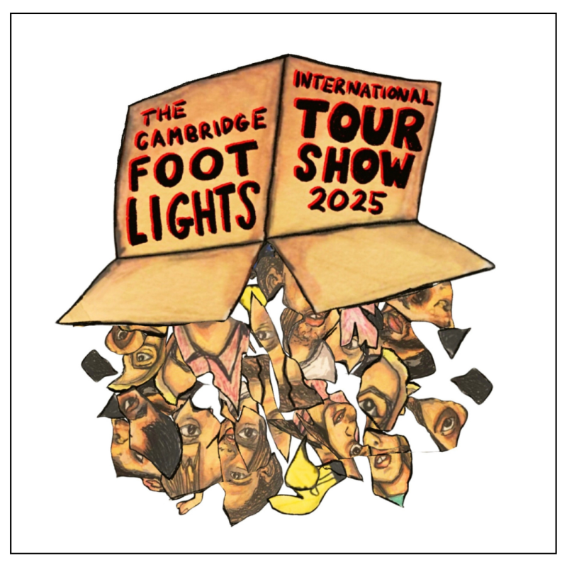 Illustration of a cardboard box which has the words The Cambridge Footlights International Tour Show 2025. Underneath the box are illustrations of paper cuttings with faces on them.