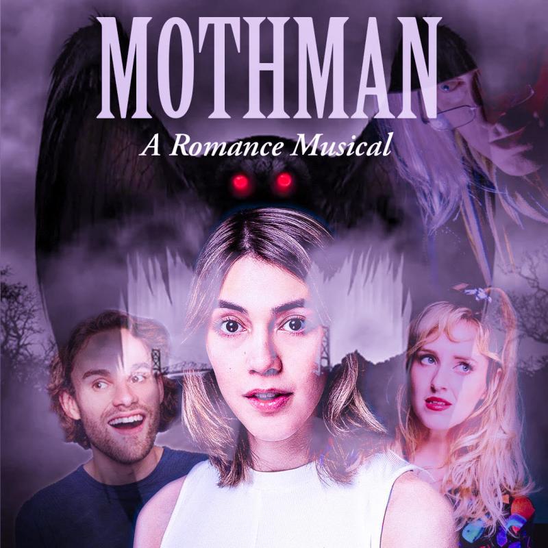 Three faces look out from behind Mothman.
