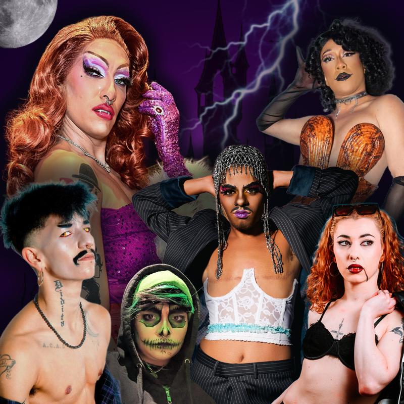 A selection of drag queens against a purple background with lightning and a castle in the background.