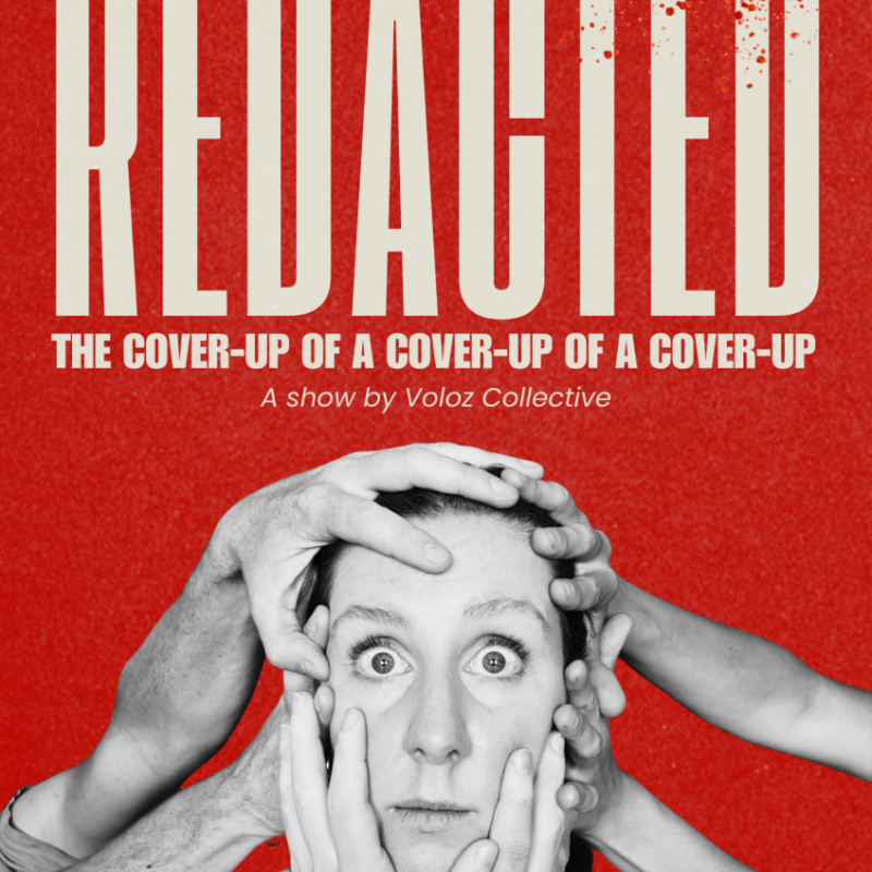 Show poster with hands outstretched touching the performer's head.