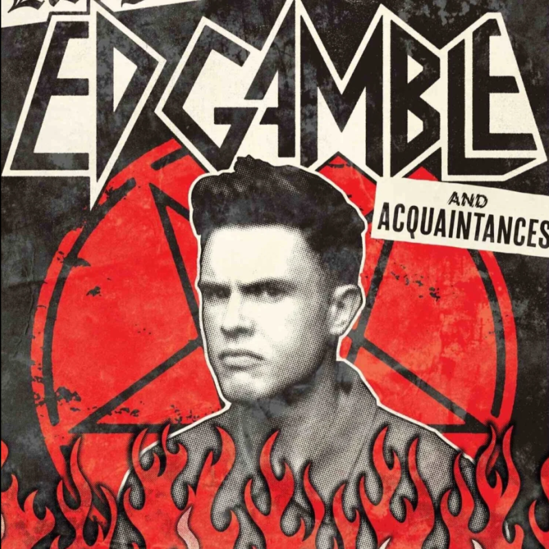 Photo of Ed Gamble with a punk aesthetic and cartoon flames at the bottom of the image.