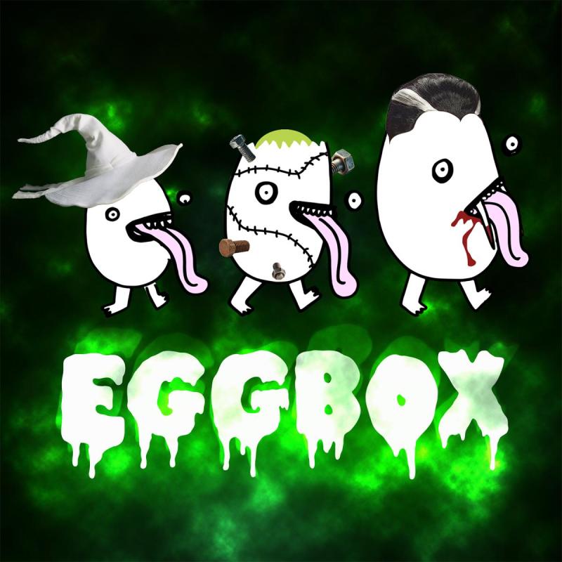 Three spooky eggs against a Halloween background with the title ' EGGBOX'