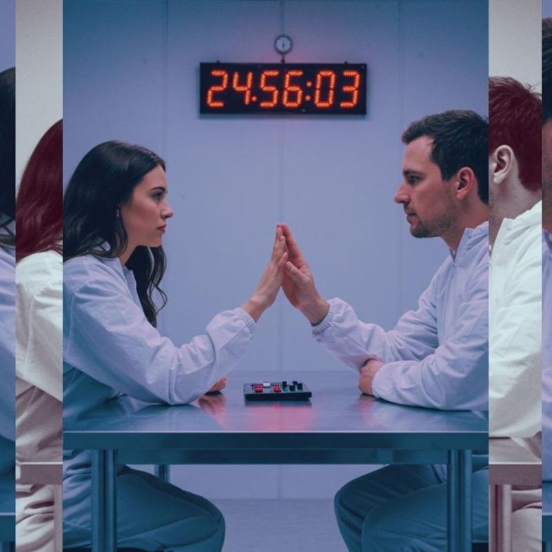 Two people dressed in white touch hands gently over a table. 