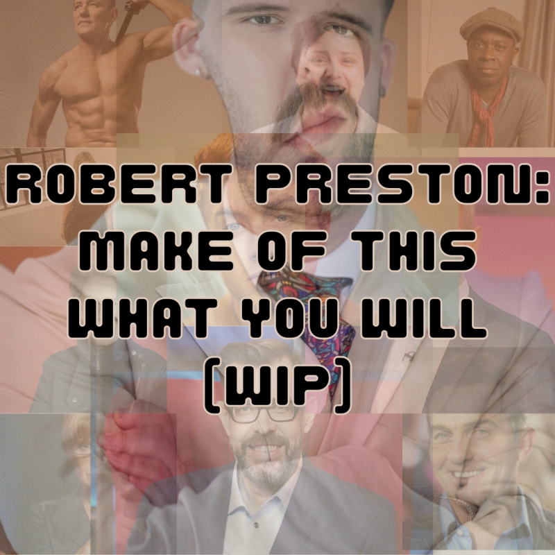 The show title in large black lettering with an assorted collection of men in the background.