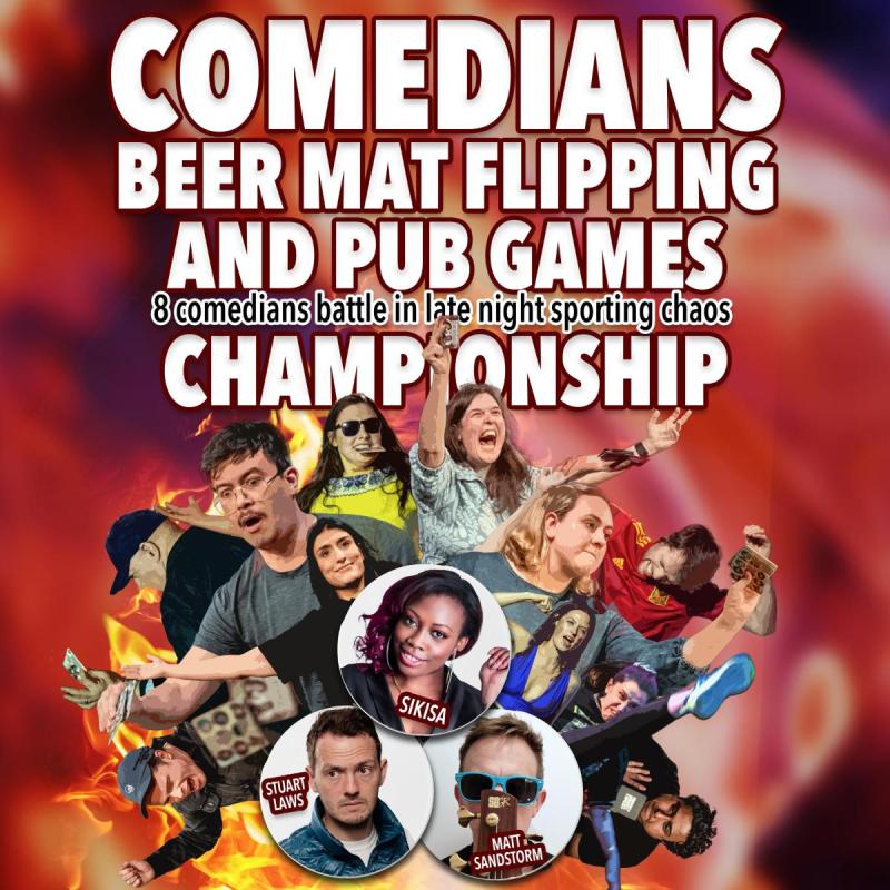 The show title in all caps and pictures of comedians with a fireball background.
