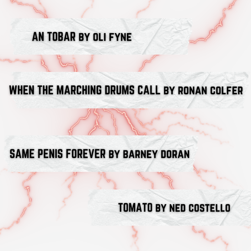 Programme: An Tobar by Oli Fyne, When the Marching Drums Call by Ronan Colfer, Same Penis Forever by /barney Doran, Tomato by Ned Costello