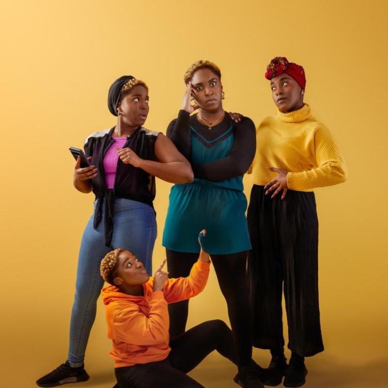 Winnie playing four different characters against a warm yellow background.