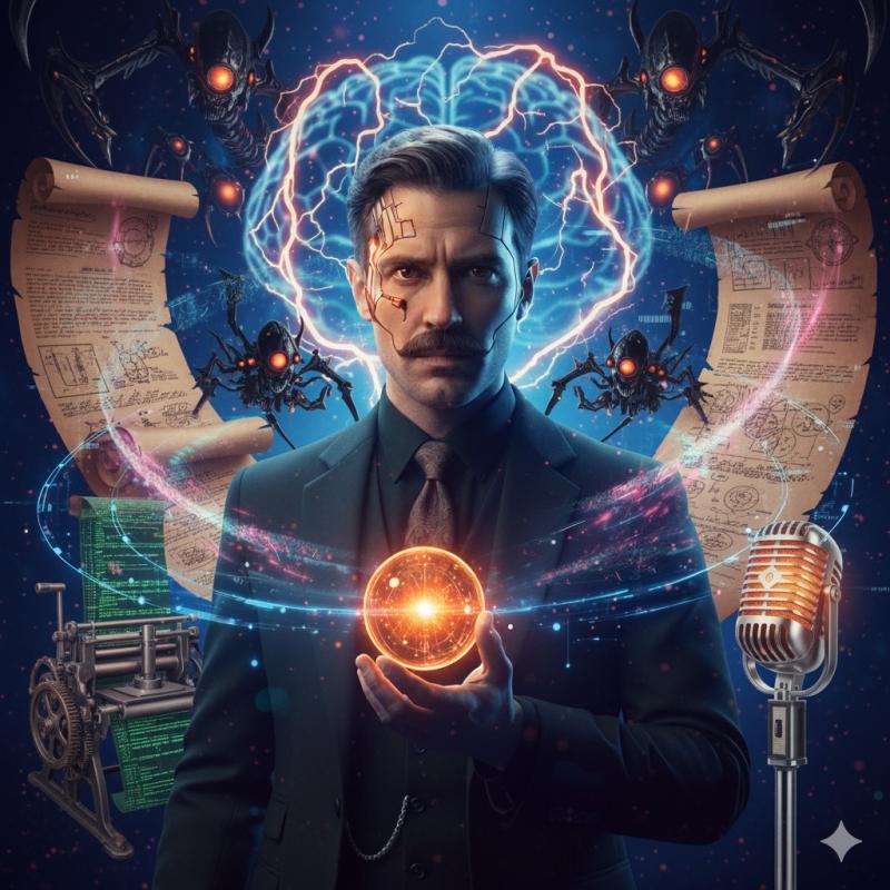 AI image with a man holding an orb and lights swirling around