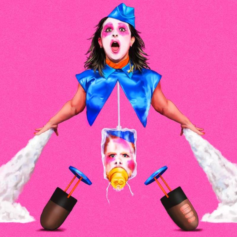 Airhostess has legs wide and a wide mouth, shocked expression on her face. There is a baby between her legs. And her legs are bullets. 