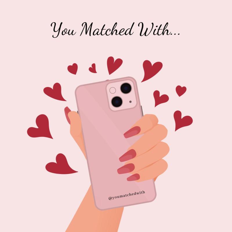 text 'you matched with...' with a cartoon handholding a phone with hearts coming out of it