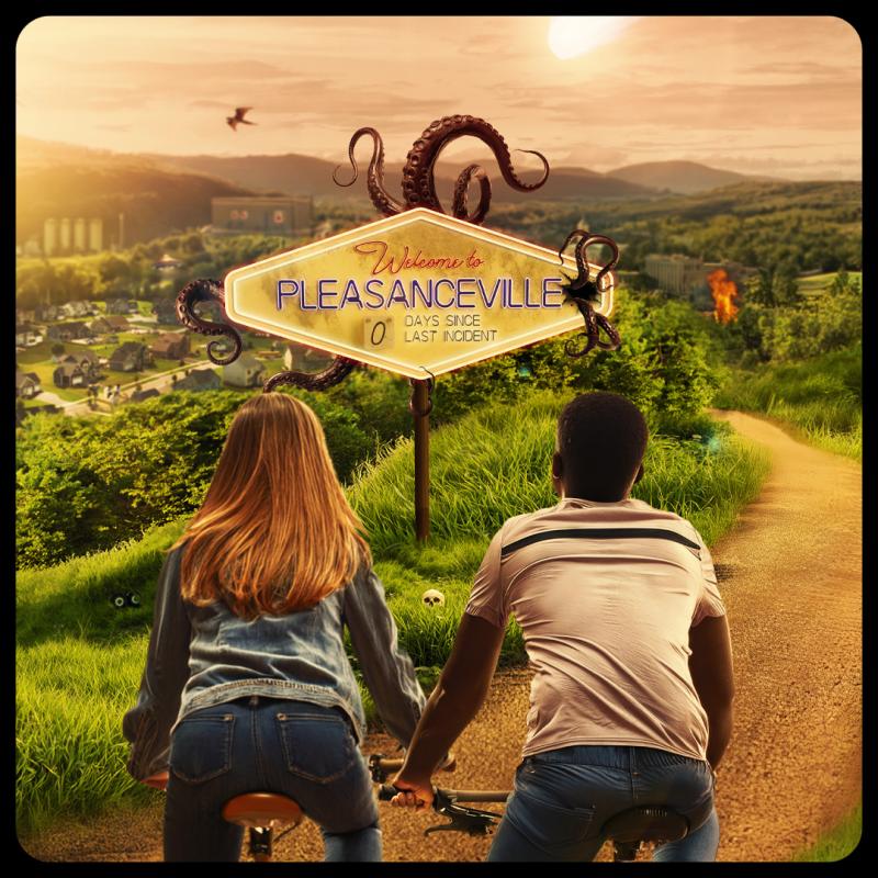 Two teenagers on bikes look out a landscape and road sign welcoming them to Pleasanceville. The tone is eerie.