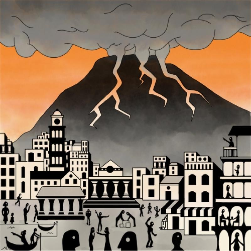 Drawing of Pompei with the volcano erupting.