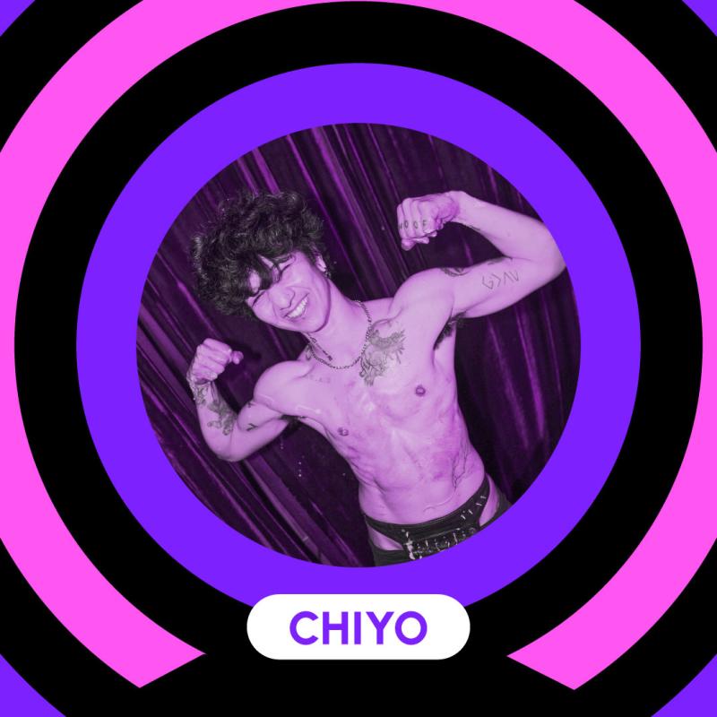 Poster showcasing a photo of Chiyo, a latino trans masc with short curly hair. He is shirtless and in a pose flexing his biceps.