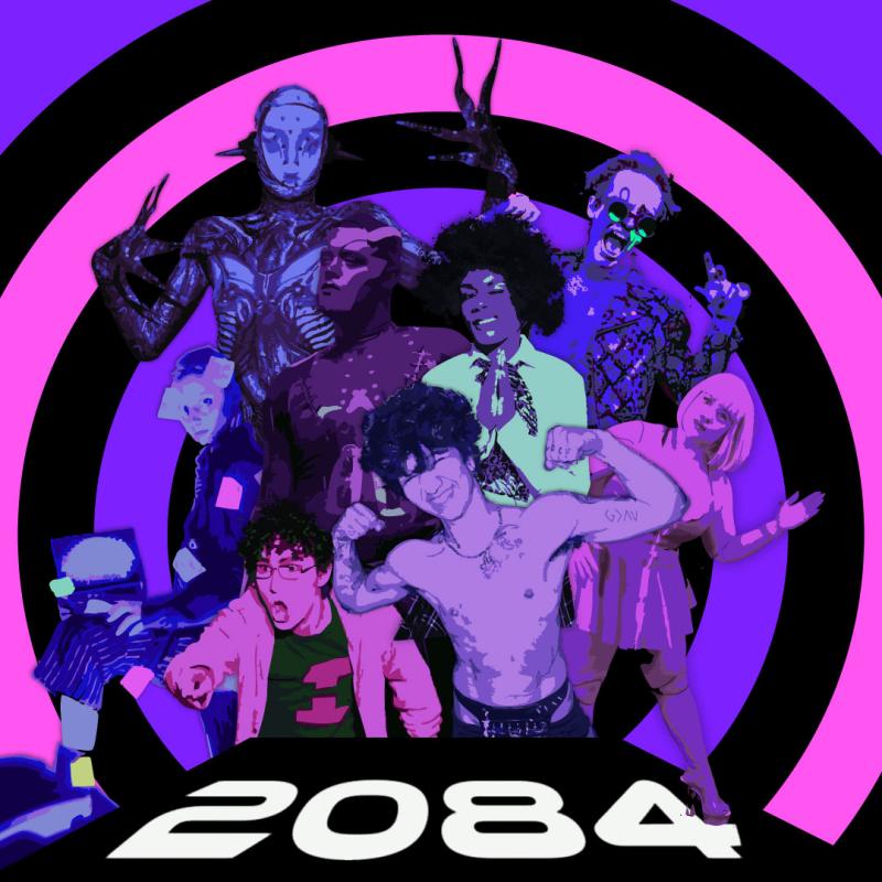 Full cast of 2084 Electric Dreams and Cyber Screams on a background with concentric circles in pink, purple and black