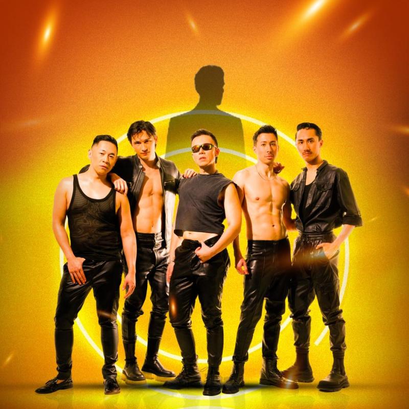 the dragon boiz lined up with a silhouette of a man behind them