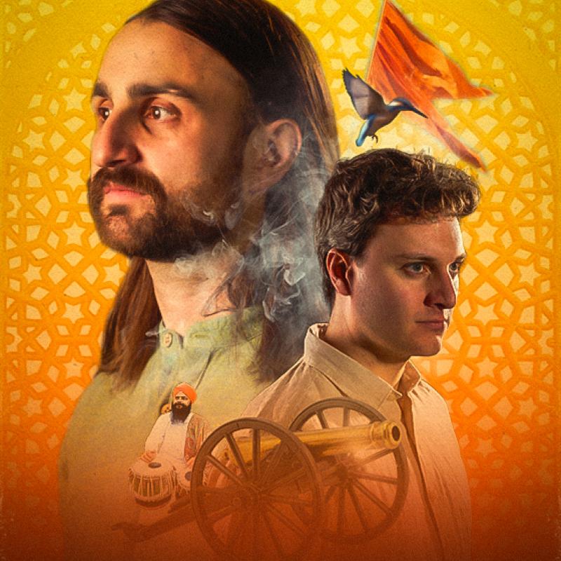 Two men look longingly in opposite directions. In the foreground, a bearded man sits next to a cannon.