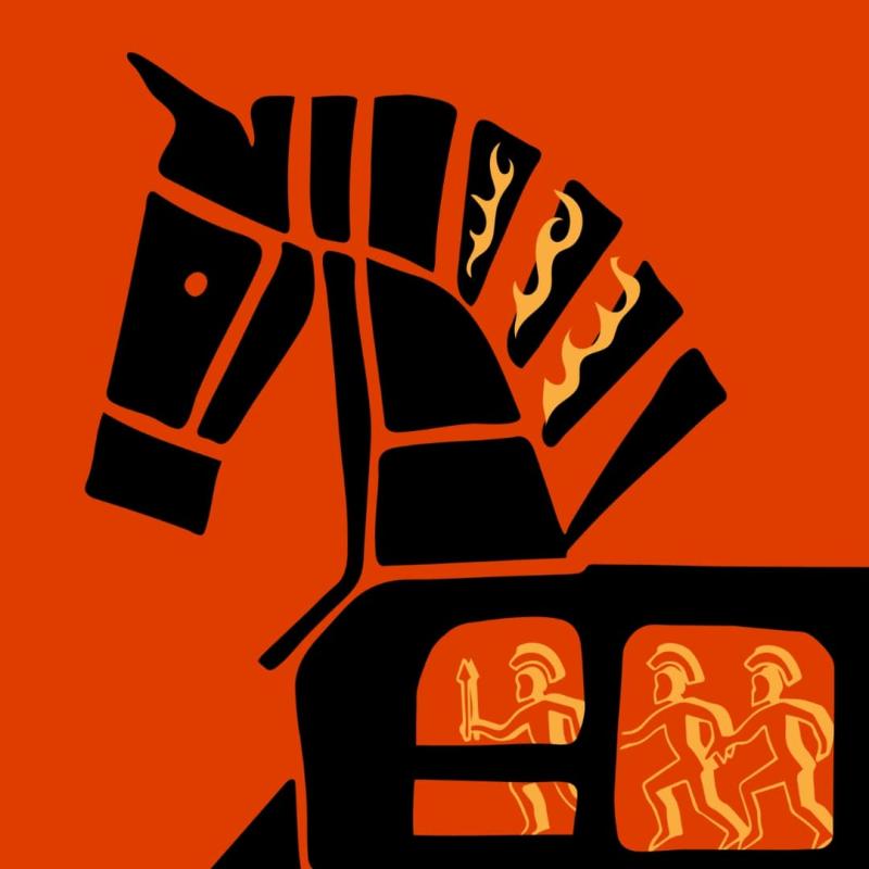 Trojan Horse cartoon on an orange background