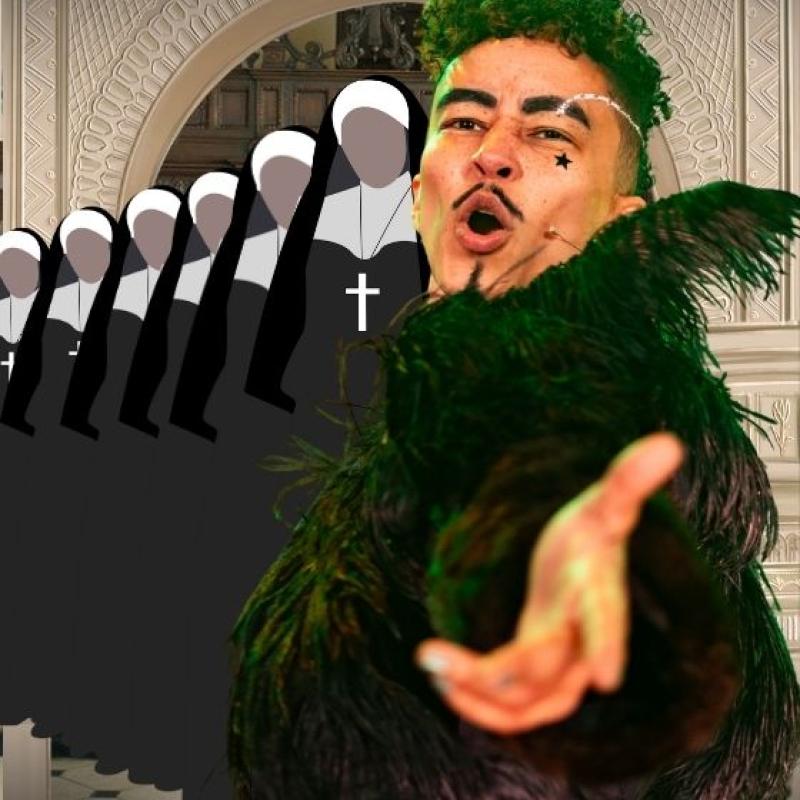 Jamie in a feather outfit with cartoon nuns behind them