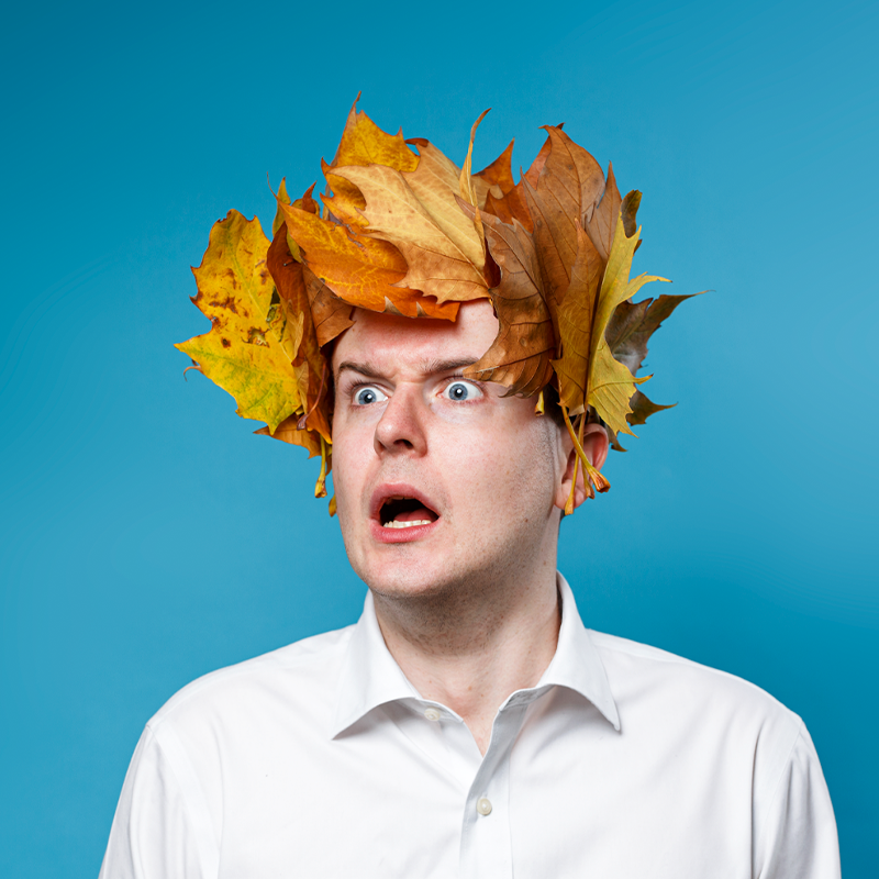 Photo of Andrew wearing a crown full of Autumn leaves looking startled.