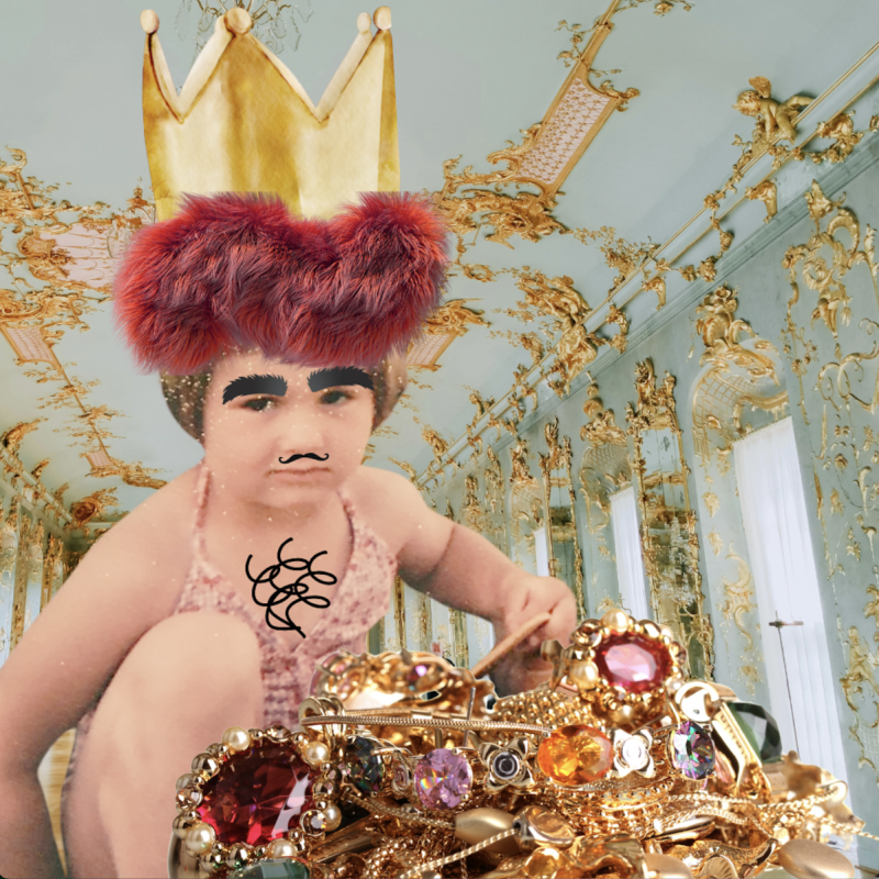 A baby wearing a crown, joyfully holding a collection of shiny gold jewelry in their hands.