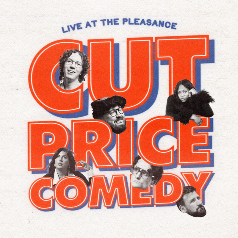 Cut Price Comedy poster with faces of the acts dotted in the letters.