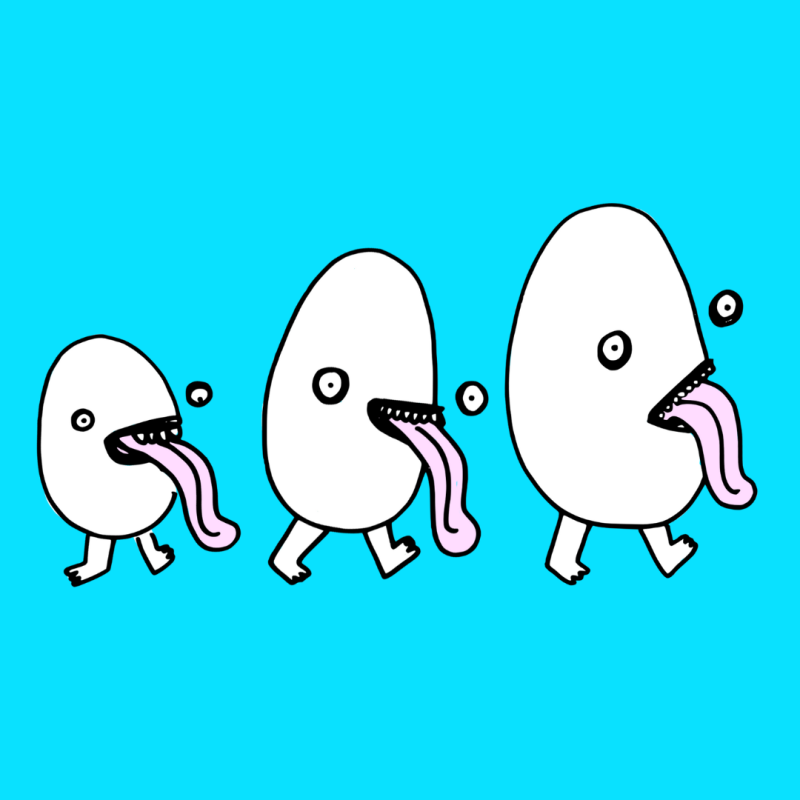 A trio of small to large cartoon egg characters walking with their tongues sticking out.