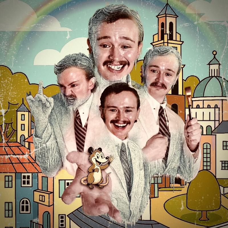 Photo montage of Mort in various poses holding out their hand with imaginary animal characters.