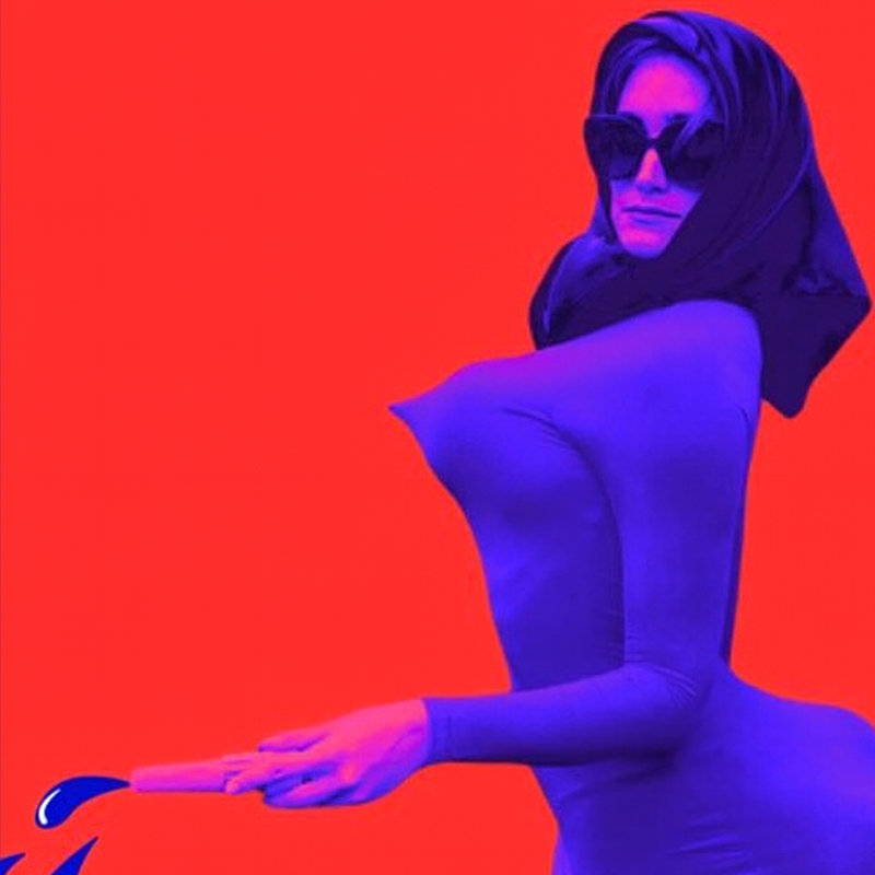 A red and blue picture of Maya with her body heavily distorted wearing sunglasses and a headscarf.
