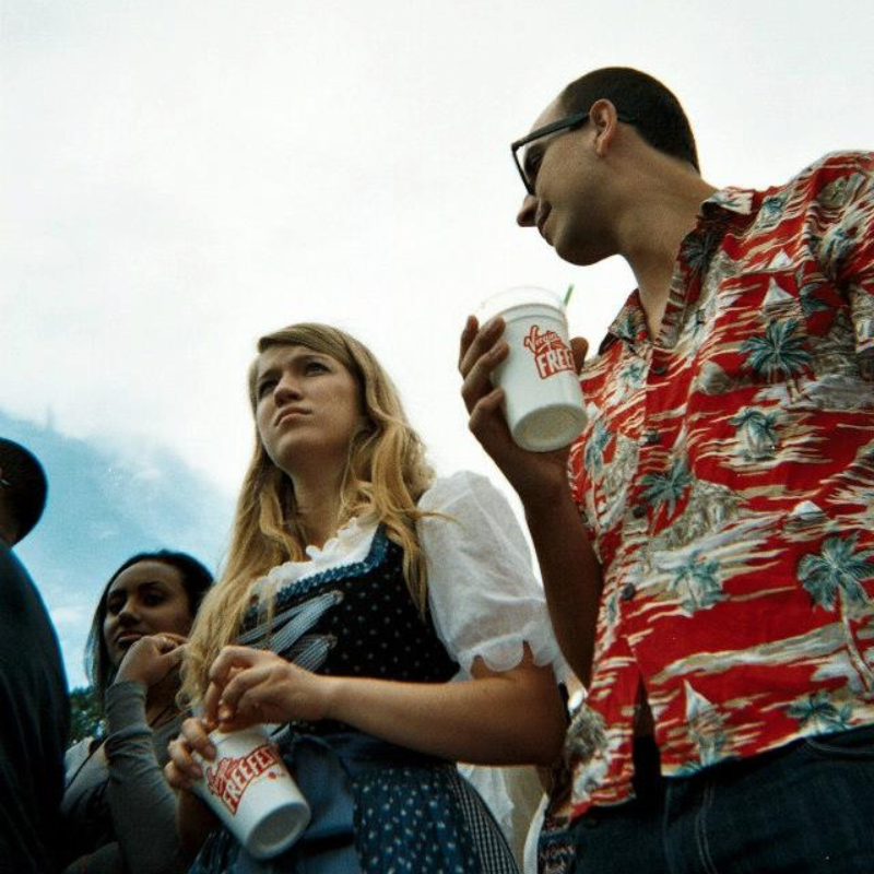 A low angle shot of Olga in traditional German dress