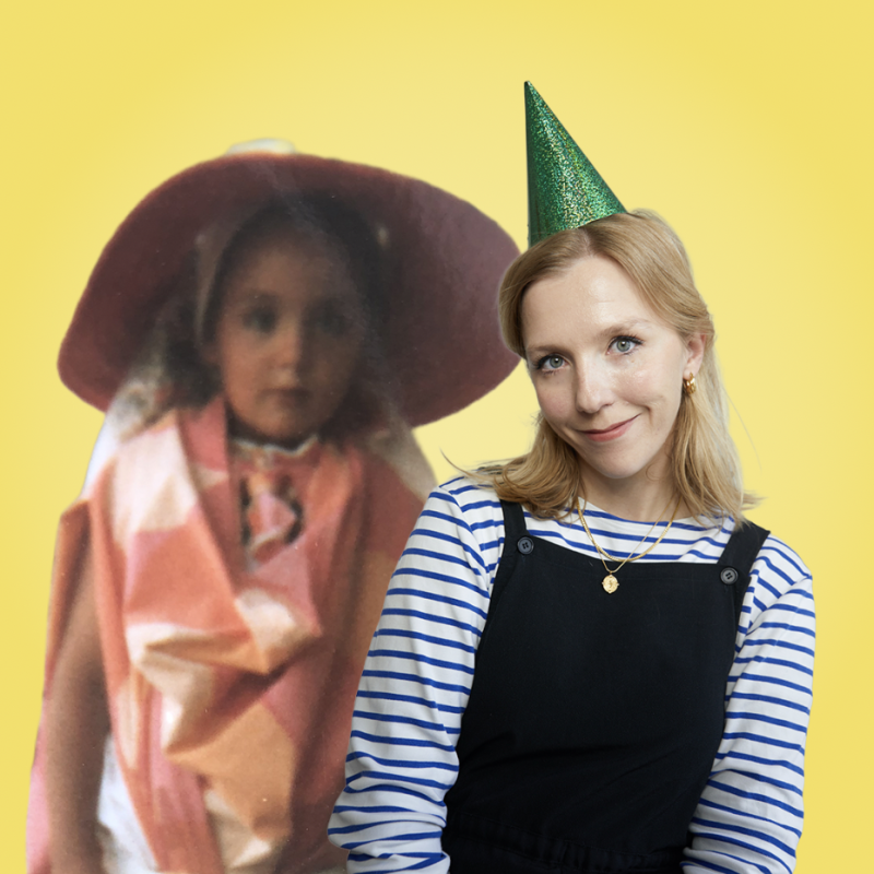 Photos of both comedians  - one as a young child and the other wearing a party hat - spliced next to one another.