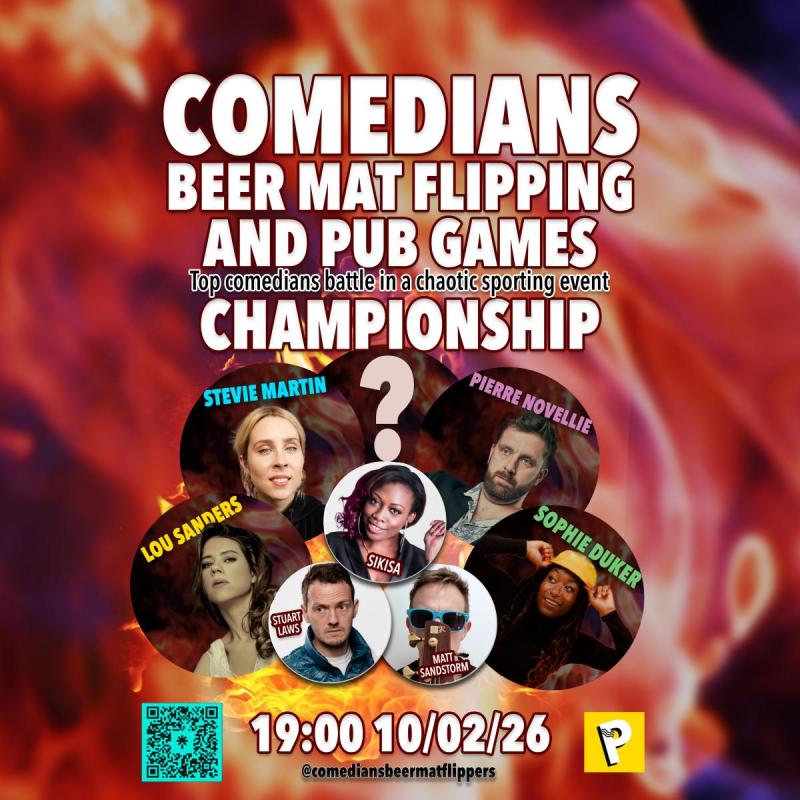 Pictures of comedians with the show title in large font.