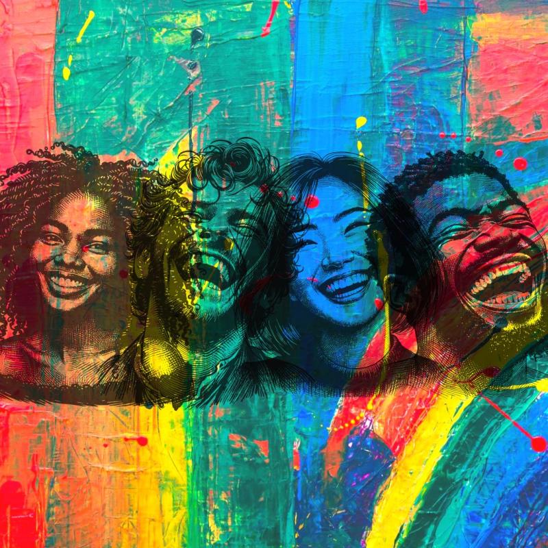 Pencil Sketches of four happy laughing individuals in a row against a colourful, textured rainbow background.