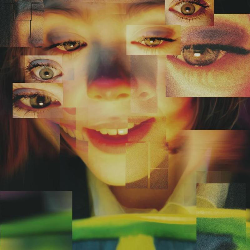 A close up of a woman with black bangs looking with a dazed expression towards the floor. There are six eyes planted in different positions and angles edited in.