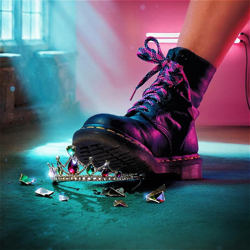 A black Dr. Martens boot stepping on and breaking a jewel-encrusted tiara under blue and pink lighting