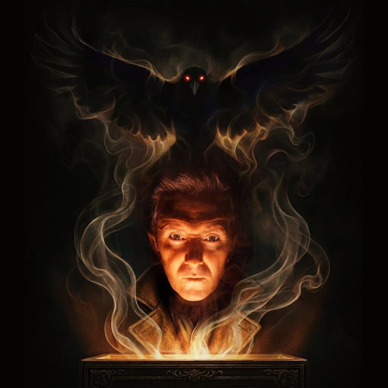 Painting of an ominous man whose face is lit form below, smoke rises around him and transforms itself into a menacing raven that flaps its wings above the man's head, before a black background.