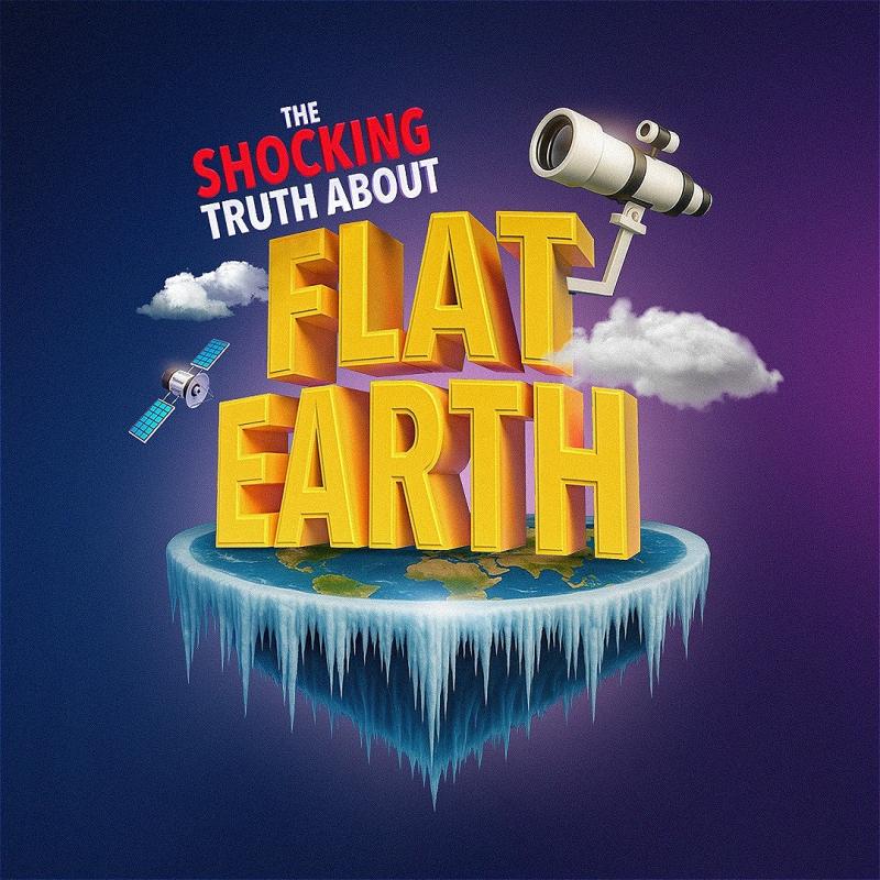 The title of the piece stands on a flat Earth whose edges are frozen into icy stalagmites, a telescope pops out of the T in Flat, clouds and a satellite float around it, before a purple background.
