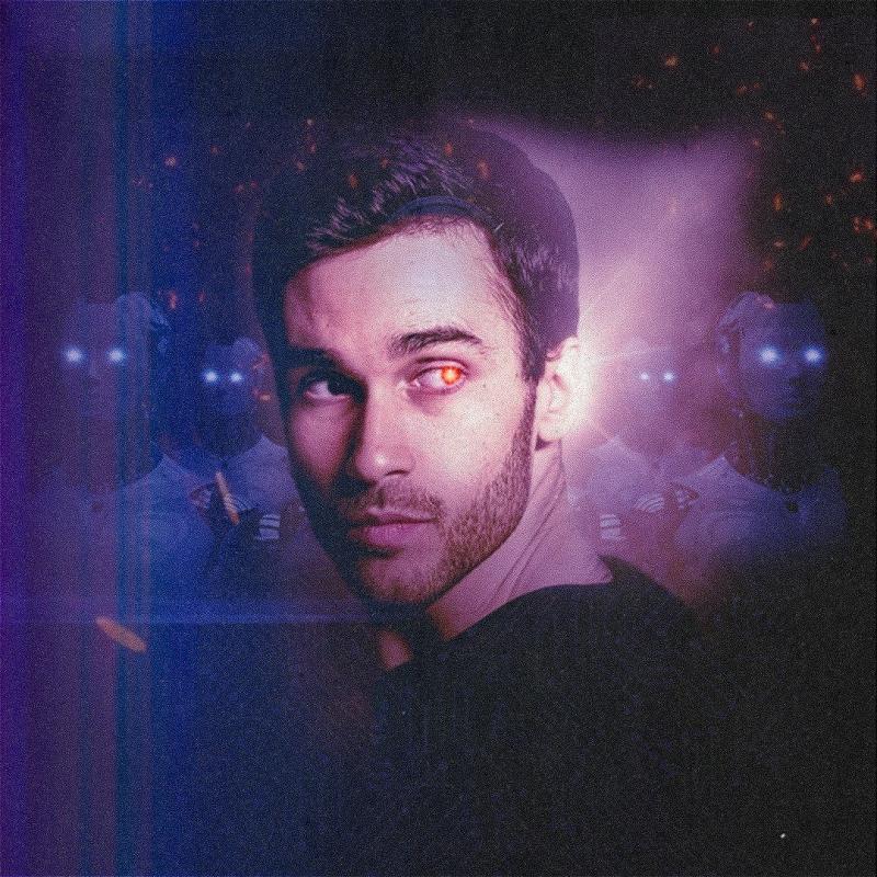 A man with a red bionic eye stares back over his shoulder, behind him  robots with glowing eyes.