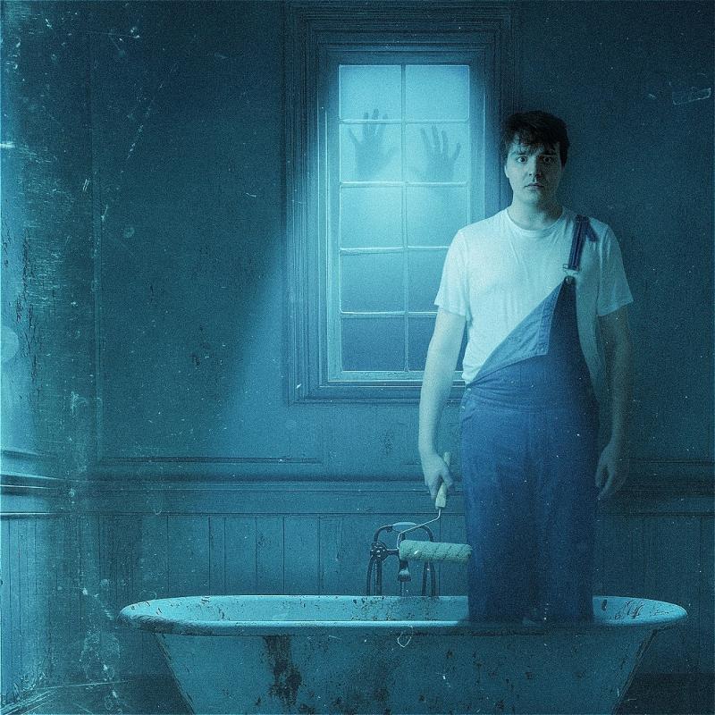 A person in dungarees hanging off one shoulder stands in an old, dirty bathtub. There is a window behind them, and it looks like there are hands reaching for them from the other side! The atmosphere is blue dark and spooky