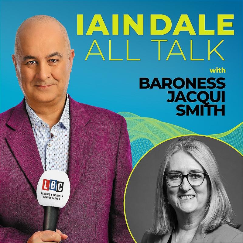 Host Iain Dale stares straight ahead with an LBC microphone wearing a purple blazer before a blue background. A black and white photo of the guest in the bottom right corner.