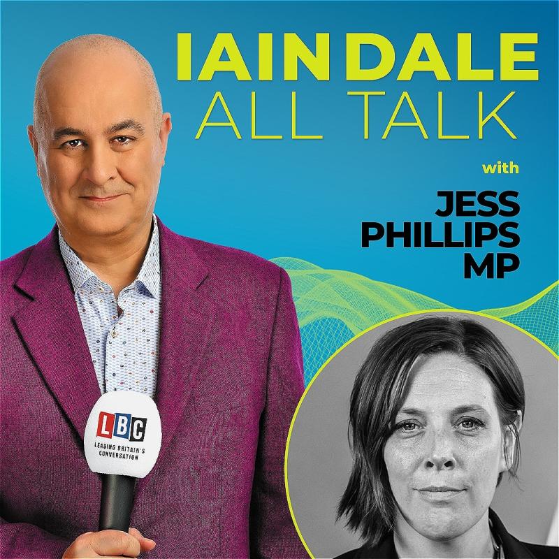 Host Iain Dale stares straight ahead with an LBC microphone wearing a purple blazer before a blue background. A black and white photo of the guest in the bottom right corner.