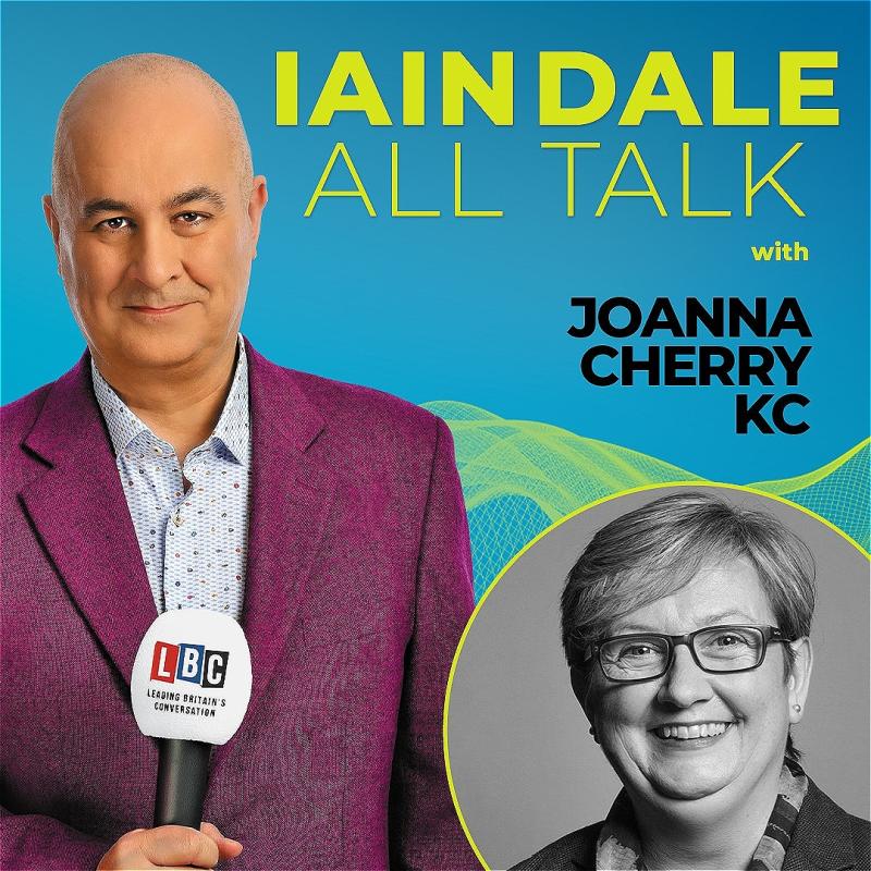 Host Iain Dale stares straight ahead with an LBC microphone wearing a purple blazer before a blue background. A black and white photo of the guest in the bottom right corner.