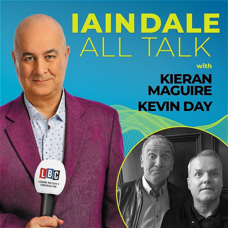 Host Iain Dale stares straight ahead with an LBC microphone wearing a purple blazer before a blue background. A photo of the guests in the bottom right corner.