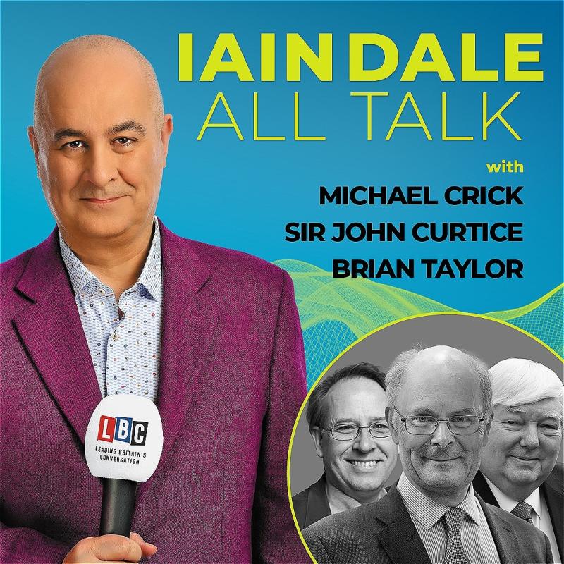 Host Iain Dale stares straight ahead with an LBC microphone wearing a purple blazer before a blue background. A photo of the guest in the bottom right corner.