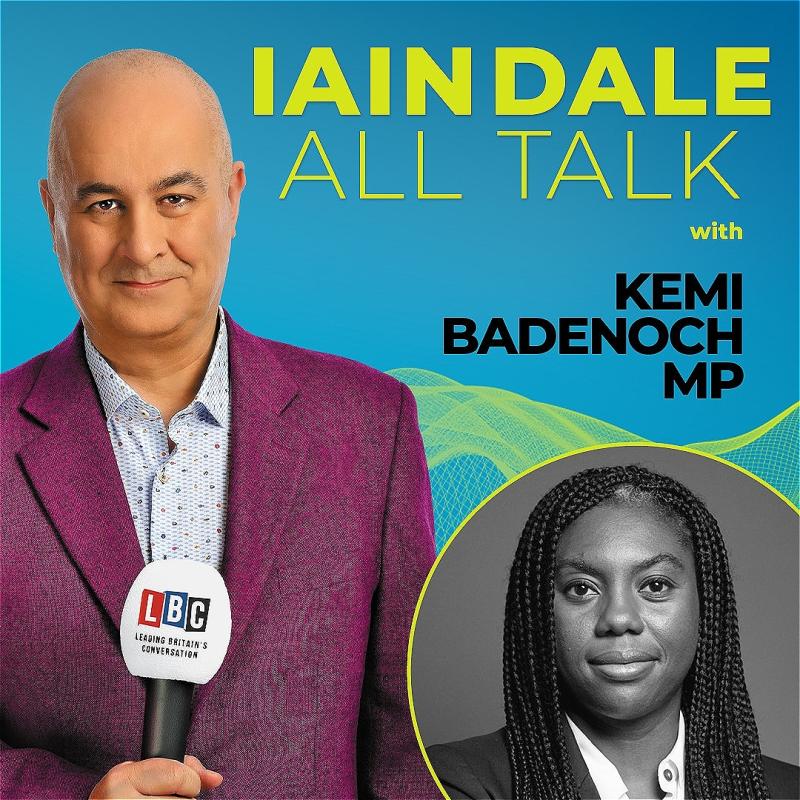 Host Iain Dale stares straight ahead with an LBC microphone wearing a purple blazer before a blue background. A photo of the guest in the bottom right corner.