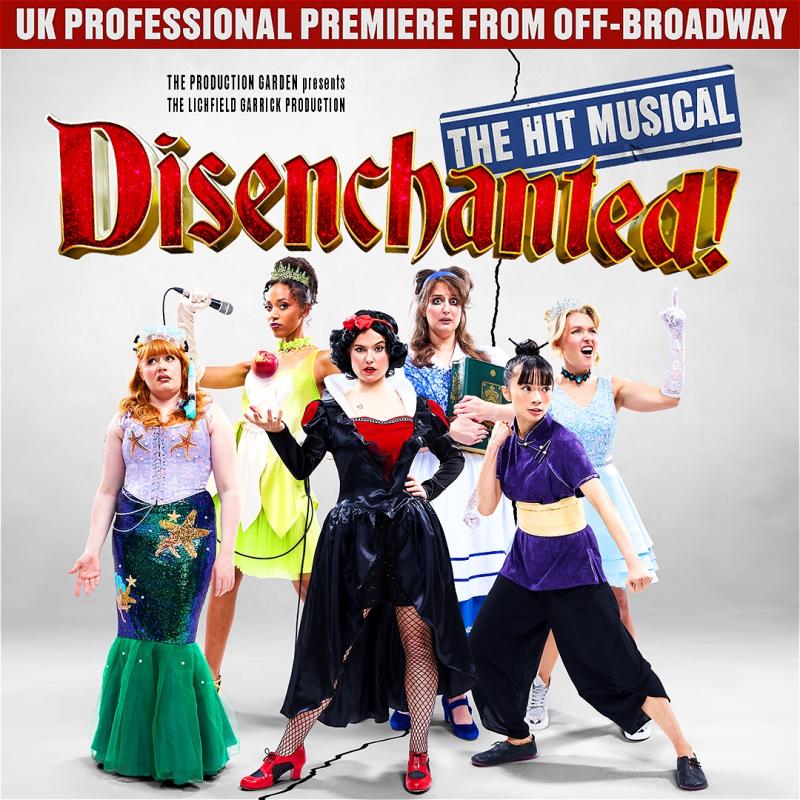 Performers dressed as princesses Ariel, Tiana, Snow White, Belle, Mulan, and Cinderella stand in front of a white background.