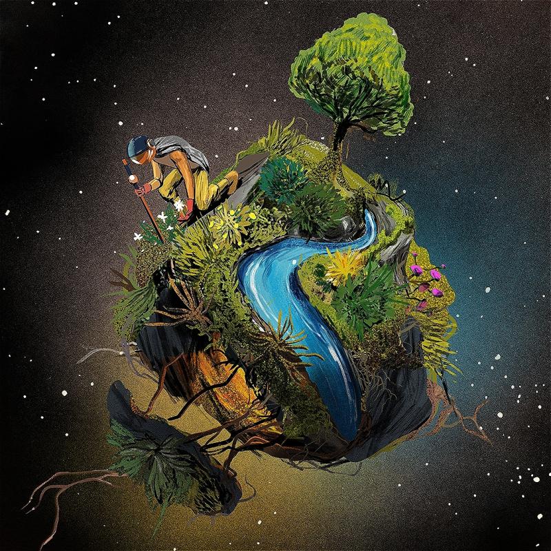 A small planet of trees, grass, and a river floats through a starry space, a person with a cane kneels down to the earth.