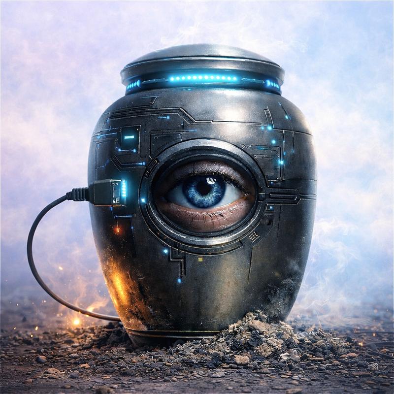 Photo of a robotic urn with a human eye in the middle, standing upon ashy ground before a cloudy sky.