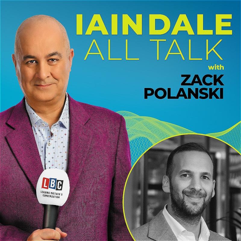 Host Iain Dale stares straight ahead with an LBC microphone wearing a purple blazer before a blue background. A black and white photo of the guest in the bottom right corner.